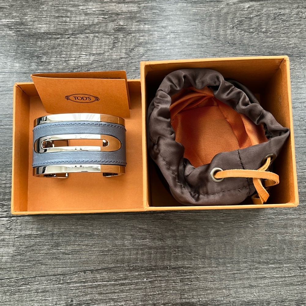 Authentic TOD’S Silver Cuff Bracelet ~ in Blue Leather